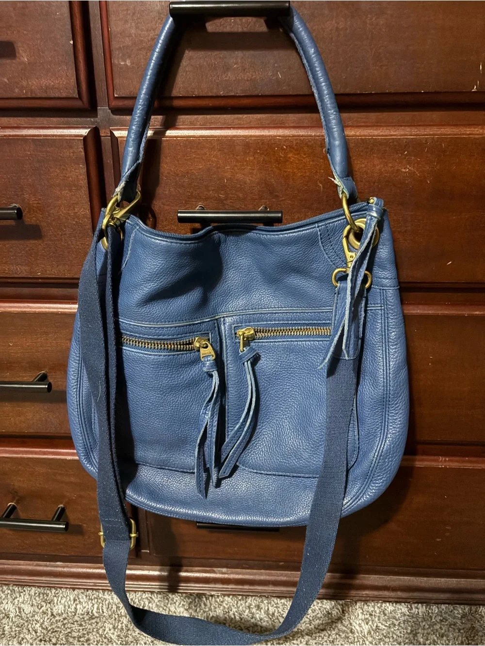 Fossil Blue Pebbled Leather Hobo with Front Zips